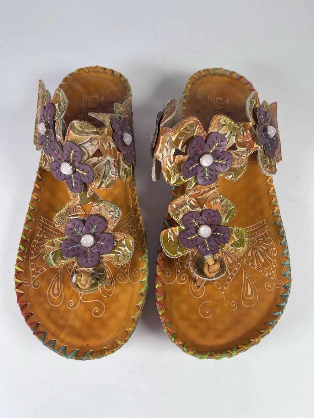 LArtiste Spring Step Crocus Womens 8.5 Floral Leather Wedge Sandals Rainbow 39